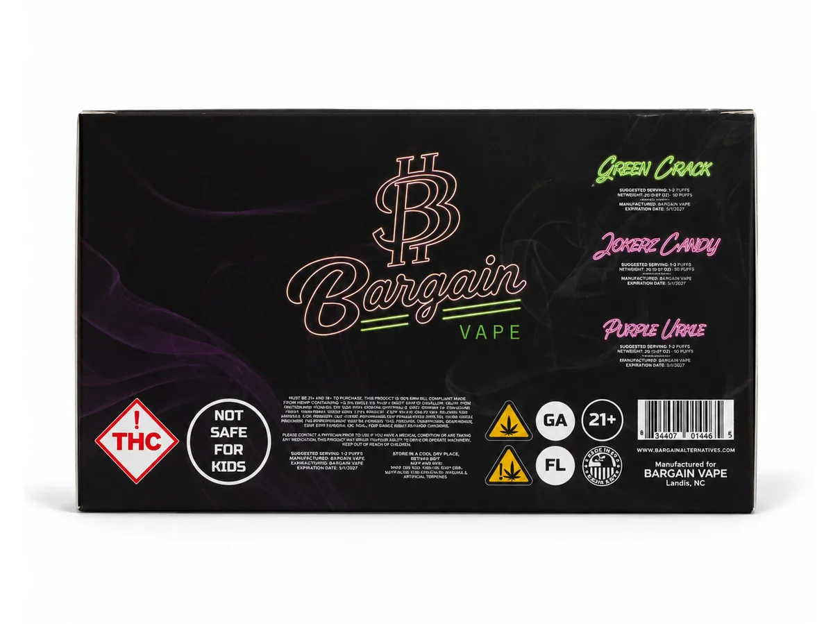 The Classics Bargain Vape display box, back with compliance panel and barcode