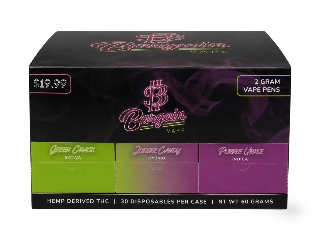 Green and purple Bargain Vape display box with Green Crack, Jokerz Candy and Purple Urkle