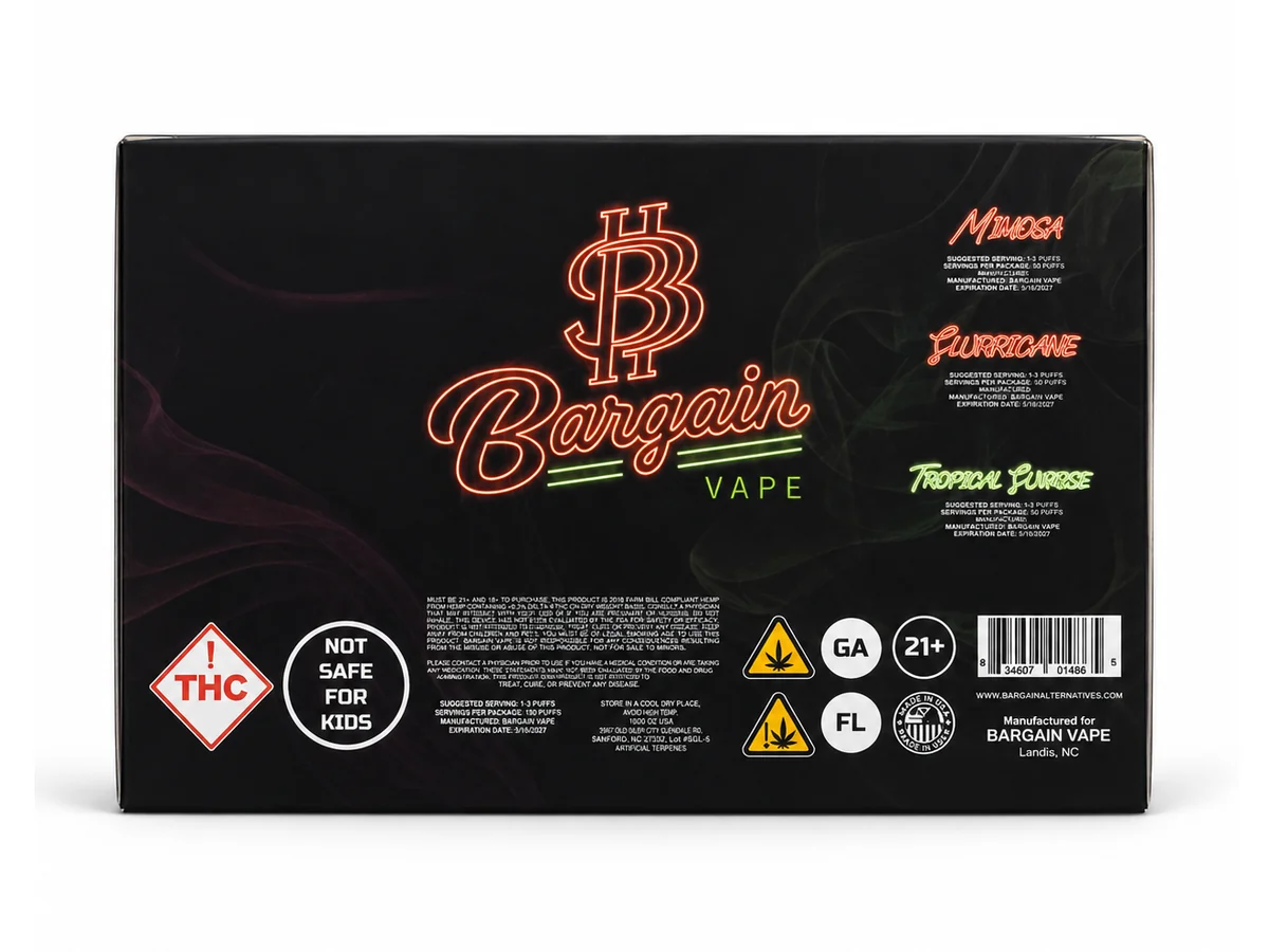 The Bright One Bargain Vape display box, back with compliance panel and barcode