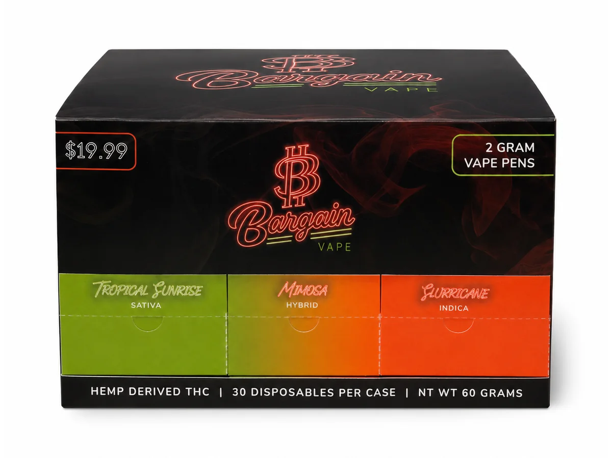 Orange and green Bargain Vape display box with Tropical Sunrise, Mimosa and Slurricane