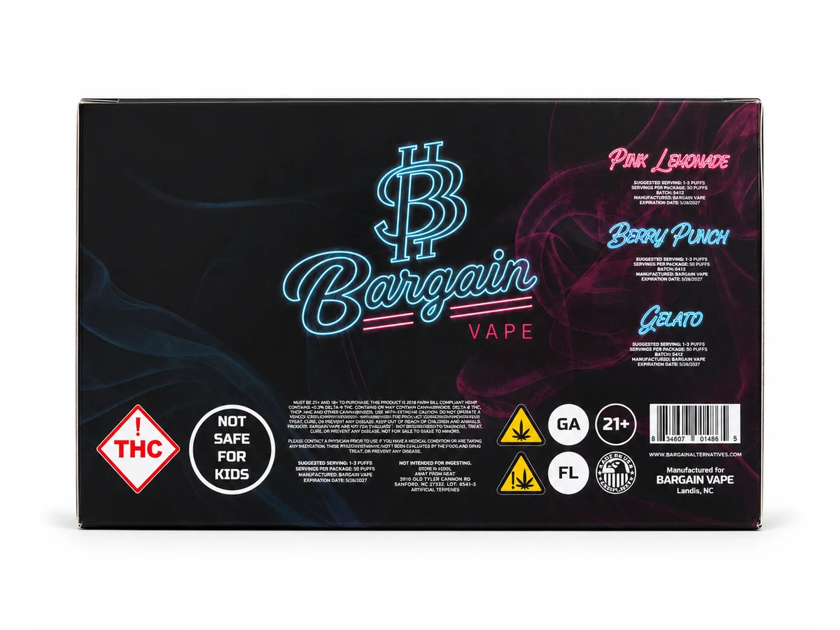 The Sweet Box Bargain Vape display box, back with compliance panel and barcode