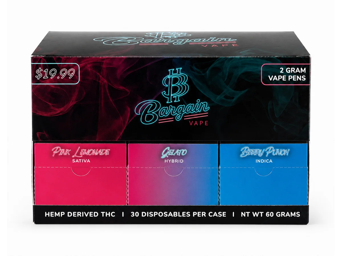 Pink and blue Bargain Vape display box with Pink Lemonade, Gelato and Berry Punch