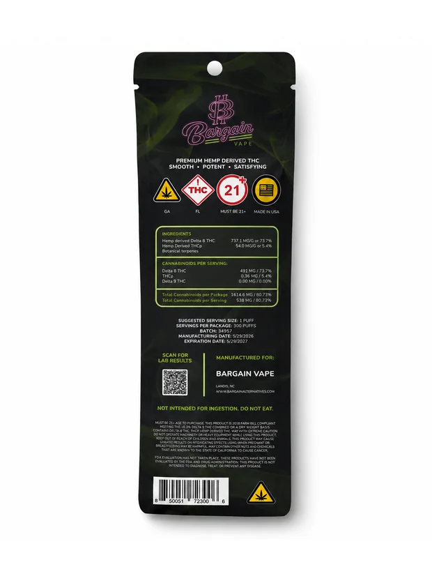 Green Crack sleeve, back with ingredients and compliance panel
