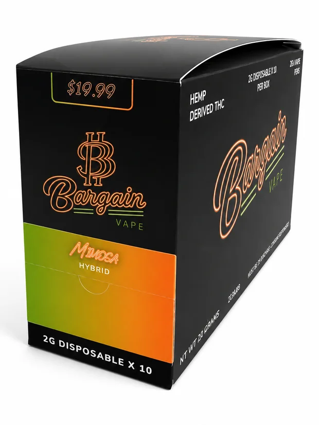 Mimosa ten-count retail box, three-quarter view