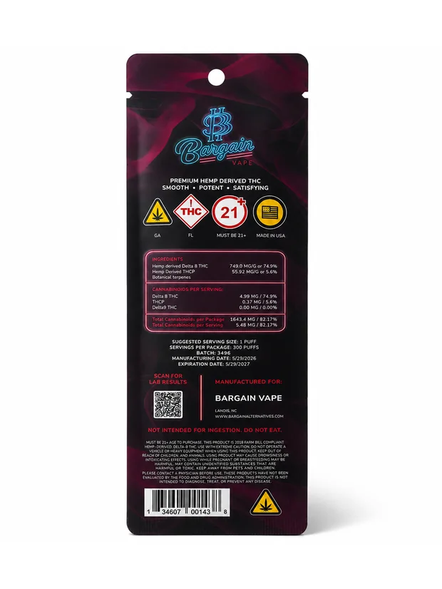 Pink Lemonade sleeve, back with ingredients and compliance panel