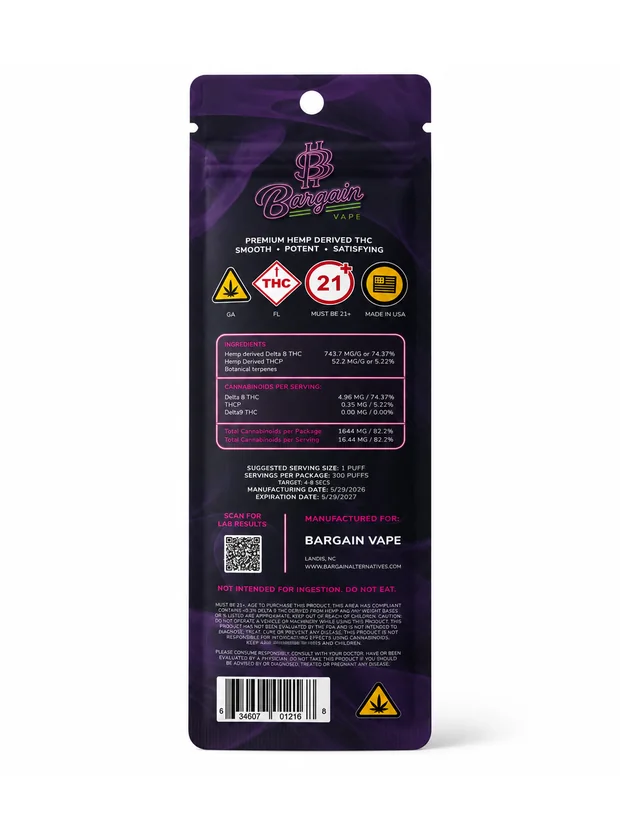 Purple Urkle sleeve, back with ingredients and compliance panel