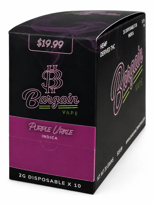 Purple Urkle ten-count retail box, three-quarter view